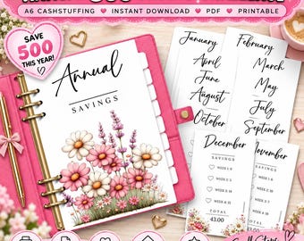 Puede incluir: Una carpeta A6 rosa que contiene un rastreador de desafío de ahorro anual con ilustraciones florales. Las páginas incluyen encabezados mensuales, filas de ahorro semanal con iconos de corazón y campos totales. Texto: Annual Savings, meses y Save 500 This Year.