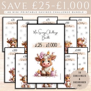 Op de afbeelding: Printbare spaaruitdagingenbundel met een koe-illustratie. De bundel bevat uitdagingen van £25 tot £1.000, met een dashboard-PDF. De tekst op de afbeelding luidt "SAVE £25-£1,000" en "A6 MINI PRINTABLE SAVINGS CHALLENGE BUNDLE."