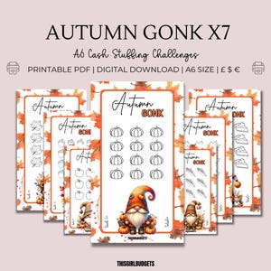 May include: Printable A6 size cash stuffing challenge cards featuring a gnome and autumn leaves. The cards have a title that says "Autumn Gonk" and include a variety of challenges to help you save money.