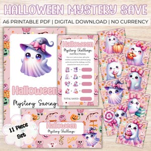 Könnte beinhalten: Ein pinkfarbenes Halloween-Themen-Set zum digitalen Download. Das Set enthält Karten mit niedlichen Geisterillustrationen, Kürbissen und dem Text "Halloween Mystery Save" und "Halloween Mystery Challenge". Das Set ist ein 11-teiliges Set.