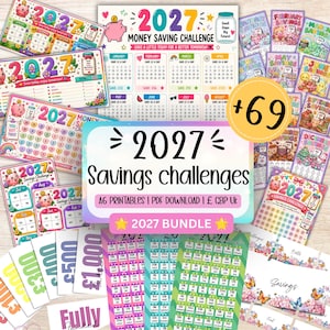 May include: A collection of 2027 money saving challenge printables featuring colorful graphics, piggy banks, and monthly savings trackers. The bundle includes various A6 PDF templates with text such as 2027 Savings challenges and 2027 BUNDLE.