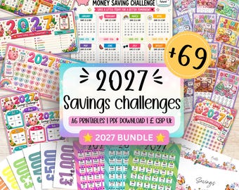 Bundel met 69 spaaruitdagingen voor 2027, printbare spaaruitdagingen op A6-formaat, budgetinzetstukken voor Britse GBP-mappen, printbare PDF met oefeningen om contant geld te sparen