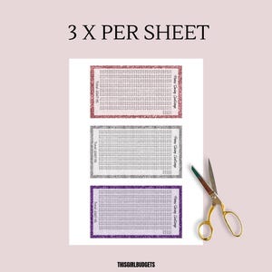 May include: A printable sheet featuring three rectangular Penny Saving Challenge trackers with glittery borders in pink, silver, and purple. Each tracker includes a grid of numbers, the text Penny Saving Challenge, and Total: &pound;667.95. A pair of gold scissors is placed nearby.