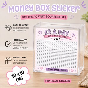 Five 5 Pound A Day Money Box Sticker | Acrylic Savings Box Sticker | Cash Stuffing Challenge | Physical Vinyl Sticker | Save 1,825 in 2027