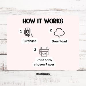 May include: How it works: 1. Purchase, 2. Download, 3. Print onto chosen paper. ThisGirlBudgets.