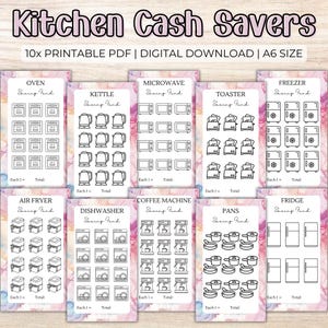 May include: Ten printable A6-sized sheets with black and white illustrations of kitchen appliances, including an oven, microwave, kettle, toaster, freezer, air fryer, coffee machine, dishwasher, pans, and a fridge. Each sheet has the name of the appliance and the words "Saving Fund" at the top.