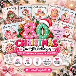Puede incluir: Una colección de 80 retos de ahorro navideño con ilustraciones festivas como un árbol decorado, un hombre de jengibre y Santa Claus. Incluye archivos PDF en A4 y US Letter, descarga instantánea, impresión en casa y tamaño A6.