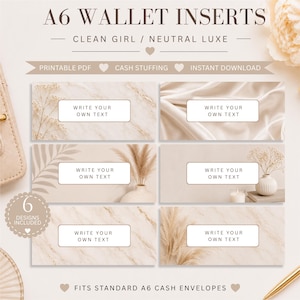 May include: Six rectangular A6 wallet inserts featuring neutral beige and cream backgrounds with various textures including marble, silk, and dried floral arrangements. Each insert contains a white rectangular box with the text WRITE YOUR OWN TEXT.