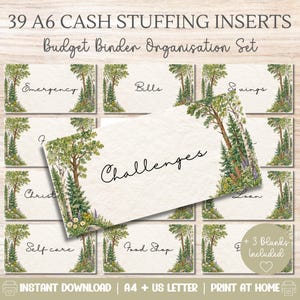May include: A set of 39 A6 cash stuffing inserts for a budget binder organization set. Each rectangular insert features a forest-themed border with trees and wildflowers. Text labels include Emergency, Bills, Savings, Challenges, Christmas, Loan, Self care, and Food Shop.