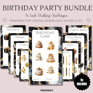 Desafíos de ahorro para fiestas de cumpleaños: rastreadores imprimibles A6: Reino Unido, EE. UU. y Europa, pasteles, globos, comida, regalos, bebidas, papel de regalo, tarjetas, bolsa de fiesta