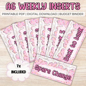 Insertos semanales de donas con chispas - PDF A6 imprimible, descarga digital, relleno de efectivo, carpeta de presupuesto, etiquetas para billetera con cremallera, extras para presupuestos.