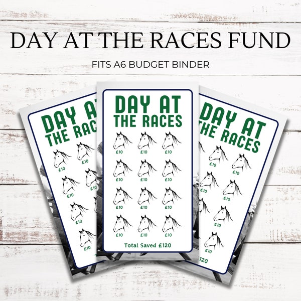 Day at the races Fund A6 Budgeting Cashstuffing Saving Tracker. The perfect Challenge Saver card for that Horse Racing Event!