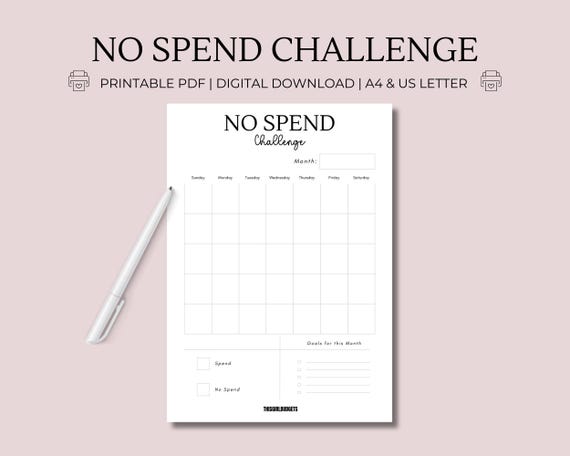 No Spend Challenge Printable - Digital Budget Tracker for Savings Goals | Money Management Planner | Black and White Design | PDF A4 and US