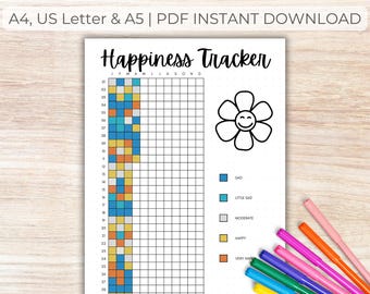Happiness Habit Tracker - PRINTABLE A4 & A5 Journal Pages, Daily Tracker, Mood Tracking, Planner Sheets, Journaling the Year, Colouring In