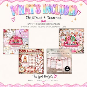 Puede incluir: Un paquete de ahorro digital con el texto WHAT'S INCLUDED, Christmas & Seasonal, 80+ Christmas Savings Bundle, 80 Christmas Savings Challenges, 500 Xmas Flip & Save y Ultimate Christmas Planner de 58 p&aacute;ginas, sobre un fondo claro.