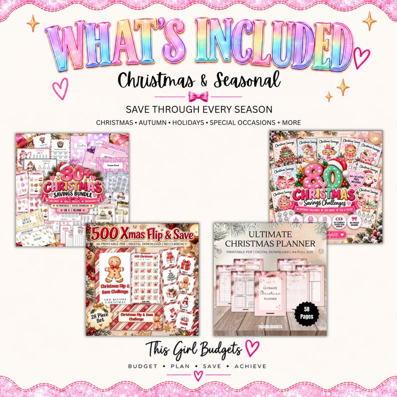 Puede incluir: Un paquete de ahorro digital con el texto WHAT'S INCLUDED, Christmas & Seasonal, 80+ Christmas Savings Bundle, 80 Christmas Savings Challenges, 500 Xmas Flip & Save y Ultimate Christmas Planner de 58 p&aacute;ginas, sobre un fondo claro.