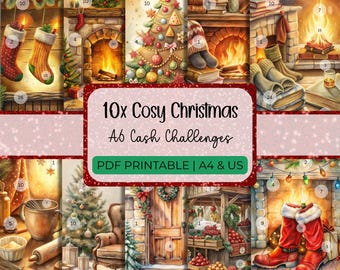 May include: A collection of ten printable A6 cash challenge sheets featuring watercolor-style Christmas illustrations, including fireplaces, stockings, decorated trees, and winter scenes, with the text 10x Cosy Christmas A6 Cash Challenges.
