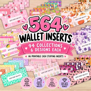 Puede incluir: Una colección de 564 insertos para billetera imprimibles en formato A6 con 94 temas diversos, incluyendo fresas, calabazas, limones y patrones festivos. Cada inserto rectangular incluye un espacio blanco con el texto 'WRITE YOUR OWN TEXT'.