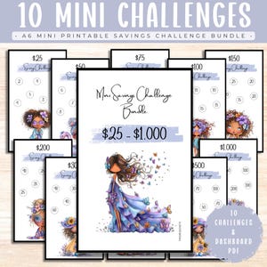 May include: A printable A6 savings challenge bundle featuring 10 mini challenges with amounts ranging from $25 to $1,000. Each card displays a unique illustration of a character and circles for tracking savings progress with printed text.