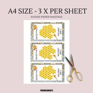 May include: Three printable A4 sheets with a honeycomb design and the text "Save $1,040" and "57 weer HONEY COMB". The text "A4 SIZE - 3 X PER SHEET" and "AVOIDS PAPER WASTAGE" is at the top of the image.