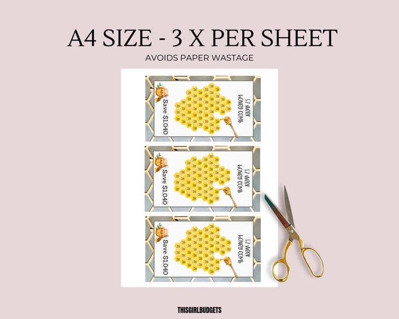 May include: Three printable A4 sheets with a honeycomb design and the text "Save $1,040" and "57 weer HONEY COMB". The text "A4 SIZE - 3 X PER SHEET" and "AVOIDS PAPER WASTAGE" is at the top of the image.