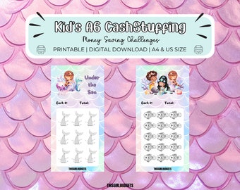 Desafío de ahorro para niños sirena imprimible para relleno de efectivo / A6 Money Tracker / A6 & US / Presupuesto mensual / Descarga digital PDF