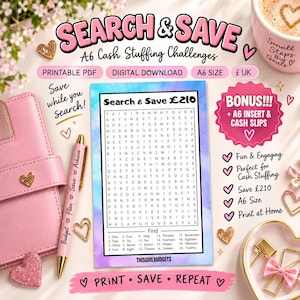 May include: A printable A6 cash stuffing challenge sheet with a word search puzzle titled Search & Save £210. The sheet features a blue and purple watercolor background, a list of numbers to find, and the text ThisGirlBudgets at the bottom.