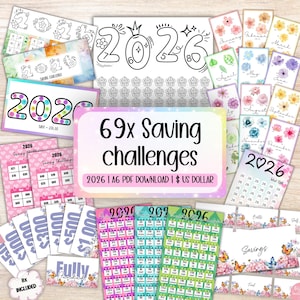 Op de afbeelding: Een verzameling afdrukbare financiële planningstools met de tekst "69x Saving Challenges" en "2026". Bevat verschillende kaarten, kalenders en trackers voor budget- en spaardoelen. De ontwerpen bevatten bloemen- en vlinderaccenten.