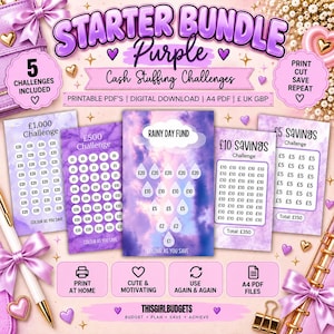 May include: A purple-themed digital cash stuffing starter bundle featuring five printable savings challenges. The set includes trackers for £1,000, £500, £10, £5, and a Rainy Day Fund, all designed as A4 PDF files for home printing and repeated use.