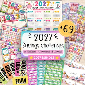 May include: A collection of 2027 money saving challenge printables featuring colorful graphics, piggy banks, and monthly savings trackers. The bundle includes A6 size PDF downloads with various designs, charts, and labels for tracking financial goals throughout the year.