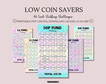 May include: Four printable A6 size cash stuffing challenge charts with a colorful background. The charts are labeled with the coin denominations: £2, £1, 50p, 10p, and 20p. Each chart has a total amount listed at the bottom.