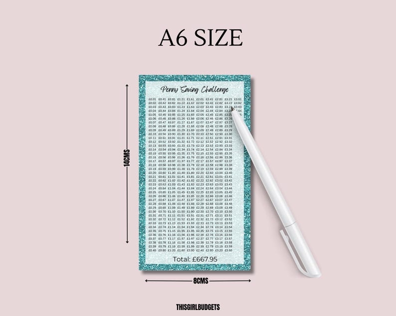 May include: A rectangular A6 size Penny Saving Challenge tracker card with a teal glitter border. The card features a grid of monetary values in pounds, a total of &pound;667.95, and a white pen. Dimensions are 14 cm by 8 cm as indicated by arrows.