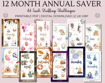 Annual 12 Months Savings Challenge Printable for Cash Stuffing | A6 Money Tracker | UK GBP A4 Size| Monthly Budgeting | Digital Download PDF