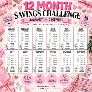 May include: A 12-month savings challenge tracker set featuring twelve individual monthly cards from January to December. Each card includes weekly savings goals, a total line, and floral accents. The design is pink and white with A6 size text.