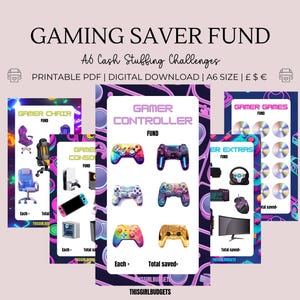 Fondo de ahorro para juegos: desafíos digitales: paquete de descarga de PDF A6 imprimible, Reino Unido, EE. UU., Euro: presupuesto, relleno de efectivo, juegos, controlador, consola