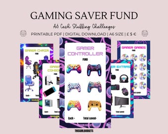 May include: A collection of printable A6 cash stuffing challenges with a gaming theme. The designs include Gamer Chair, Gamer Controller, Gamer Games, Gamer Console, and Gamer Extras. The text includes "GAMING SAVER FUND" and "THISGIRLBUDGETS".