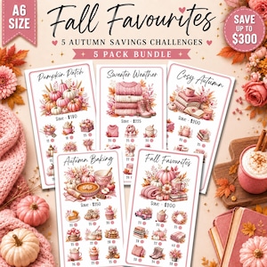 May include: A 5-pack bundle of A6 size autumn savings challenge trackers featuring pink and cream illustrations of pumpkins, sweaters, and baked goods. Each card includes text like Pumpkin Patch, Sweater Weather, and Fall Favourites with savings goals.