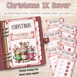May include: A digital Christmas 1K Saver planner with a pink and brown theme. The planner includes sections for saving money, with decorative elements like candy canes and mugs of hot chocolate. Text includes "Christmas 1K Saver" and "Saving money has never been easier!"