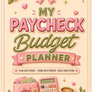 May include: A budget planner cover with the text MY PAYCHECK BUDGET PLANNER and PLAN EACH PAYDAY - SPEND WITH PURPOSE - BUILD YOUR FUTURE. Features include a pink wallet with cash, a pink calculator, a pink piggy bank, and a pink coffee mug.
