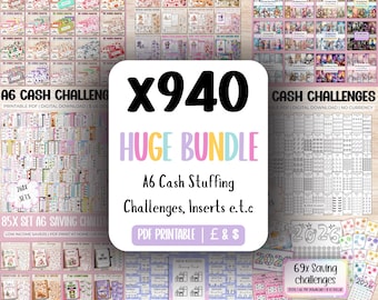 940x CashStuffing Mega Bundle | Einsparungen Herausforderungen, Budget Binder Einsätze | UK & US Geld-Tracker | Druckbare Kalender