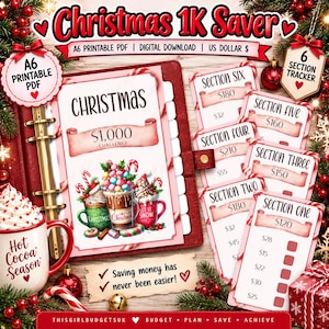 Puede incluir: Un conjunto de ahorro navideño 1K Saver como descarga digital en PDF imprimible A6. La página principal muestra un reto de $1,000 con tazas de cacao festivas y seis rastreadores de sección individuales con montos, decorados con motivos navideños.