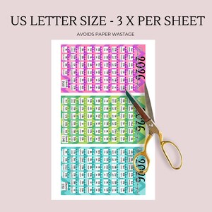 May include: A sheet of paper with three colorful 2026 savings trackers. The top tracker is pink and purple, the middle is green, and the bottom is teal. Gold scissors are cutting the paper. Text reads "US LETTER SIZE - 3 X PER SHEET" and "AVOIDS PAPER WASTAGE."