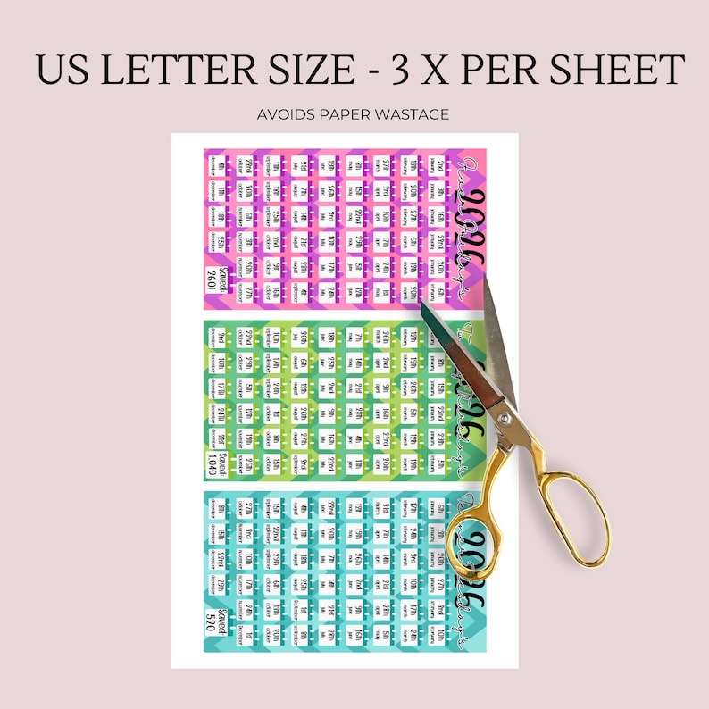 May include: A sheet of paper with three colorful 2026 savings trackers. The top tracker is pink and purple, the middle is green, and the bottom is teal. Gold scissors are cutting the paper. Text reads "US LETTER SIZE - 3 X PER SHEET" and "AVOIDS PAPER WASTAGE."