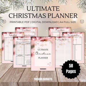 May include: A printable Christmas planner with 58 pages. The planner includes sections for gift lists, budget overview, menu ideas, naughty elf ideas, and Christmas day plans. The pages are decorated with a pink and gold snowflake design.