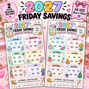 May include: Two A6 size 2027 Friday savings challenge cards measuring 8cm x 14cm. Each card features monthly sections with circles for tracking weekly savings amounts, decorated with colourful illustrations like flowers, fruits, and seasonal icons.