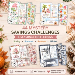 May include: A collection of 44 mystery savings challenges featuring four seasonal sets for spring, summer, autumn, and winter. Each set includes printed cards, instruction sheets, and trackers with colourful illustrations of gnomes, beach scenes, pumpkins, and snowmen.