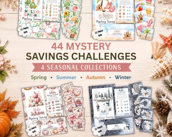 Puede incluir: Una colección de 44 desafíos de ahorro misteriosos con cuatro sets estacionales para primavera, verano, otoño e invierno. Cada set incluye tarjetas impresas, hojas de instrucciones y rastreadores con ilustraciones coloridas de gnomos, escenas de playa, calabazas y muñecos de nieve.