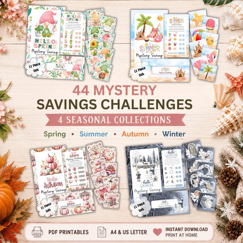 Op de afbeelding: Een verzameling van 44 mystery spaaruitdagingen met vier seizoensgebonden sets voor lente, zomer, herfst en winter. Elke set bevat geprinte kaarten, instructiebladen en trackers met kleurrijke illustraties van kabouters, strandsc&egrave;nes, pompoenen en sneeuwpoppen.