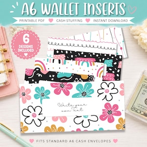 Doodles Helle Einsätze - A6 PDF druckbare Bargeldfüllung, Brieftaschen für Brieftaschen, Reißverschluss-Brieftaschenetiketten, Budgetierung Extras, Bargeldumschlagsystem