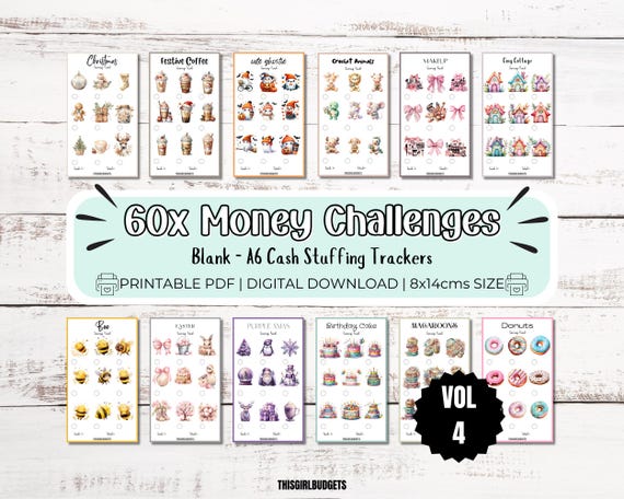 60x Money Saving Challenges - A6 Printable Download PDF, Cash Stuffing, Budgeting Trackers Bundle, Budget By Paycheck, UK, US, Euro Blank